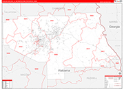 Auburn-Opelika Metro Area Wall Map Red Line Style